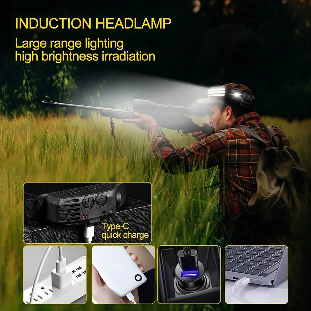 Head Led Light Sensor HeadLight Type-c Rechargeable Head Torch Light Front Led Head Flashlight Super Bright Waterproof Headlamp Oasis Select