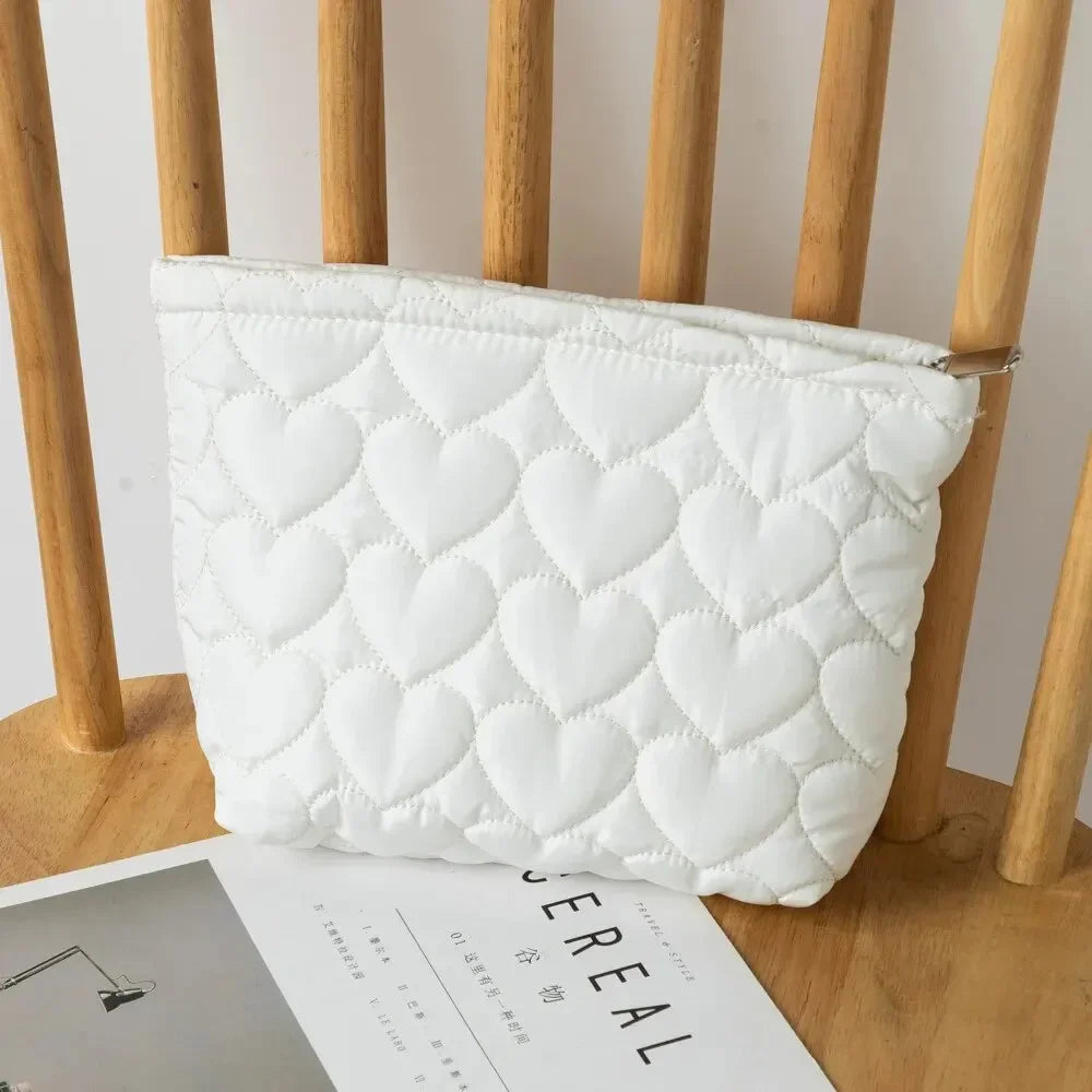 Fashion Korean Large Capacity Cosmetic Bag Women Soild Heart Quilting Handbag Portable Travel Lipstick Makeup Storage Bags Oasis Select WHITE