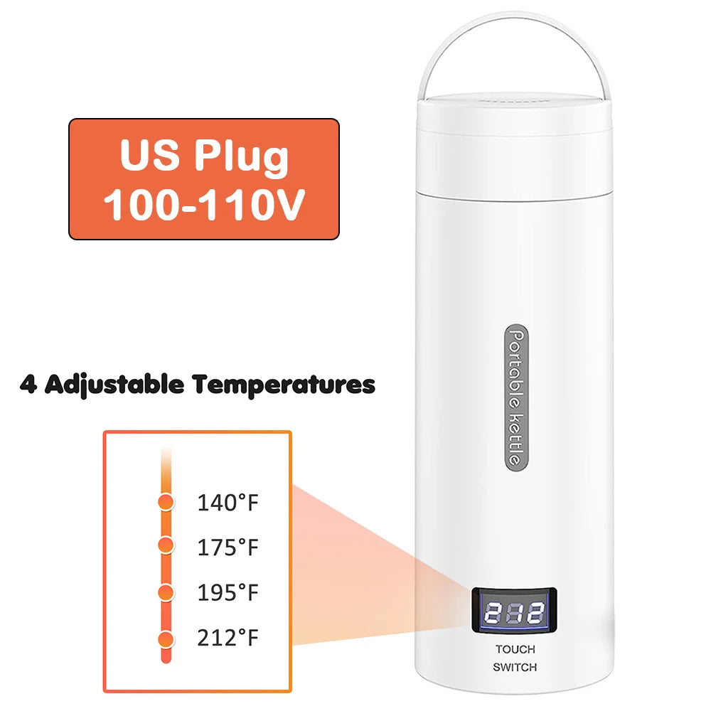 Portable Electric Kettle For Travel Stainless Steel Mini Kettle Electric Water Bottle Thermal Cup For Tea Coffee Boil Hot Water Oasis Select US Plug