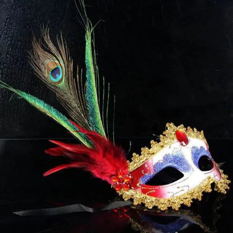 Masquerade Mask Women Peacock Feather Mask Mardi Gras Mask Fashion Blue Green Metal Shiny Rhinestone Halloween Party Oasis Select Red