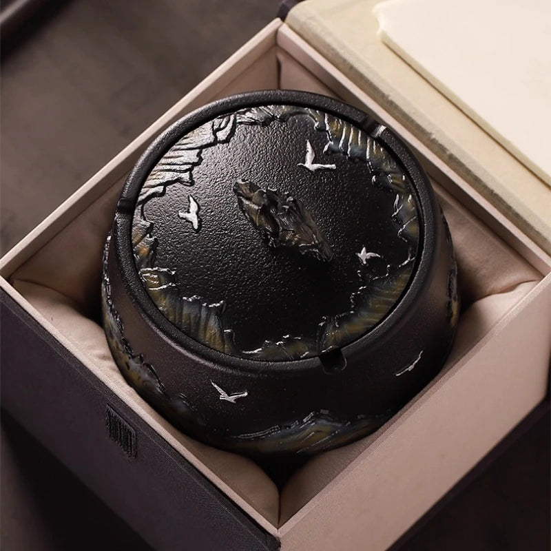 Chinese Style Relief Mountain Ashtray High-end Atmospheric Upscale Home Office Large Size with Lid Windproof Ashtray Oasis Select