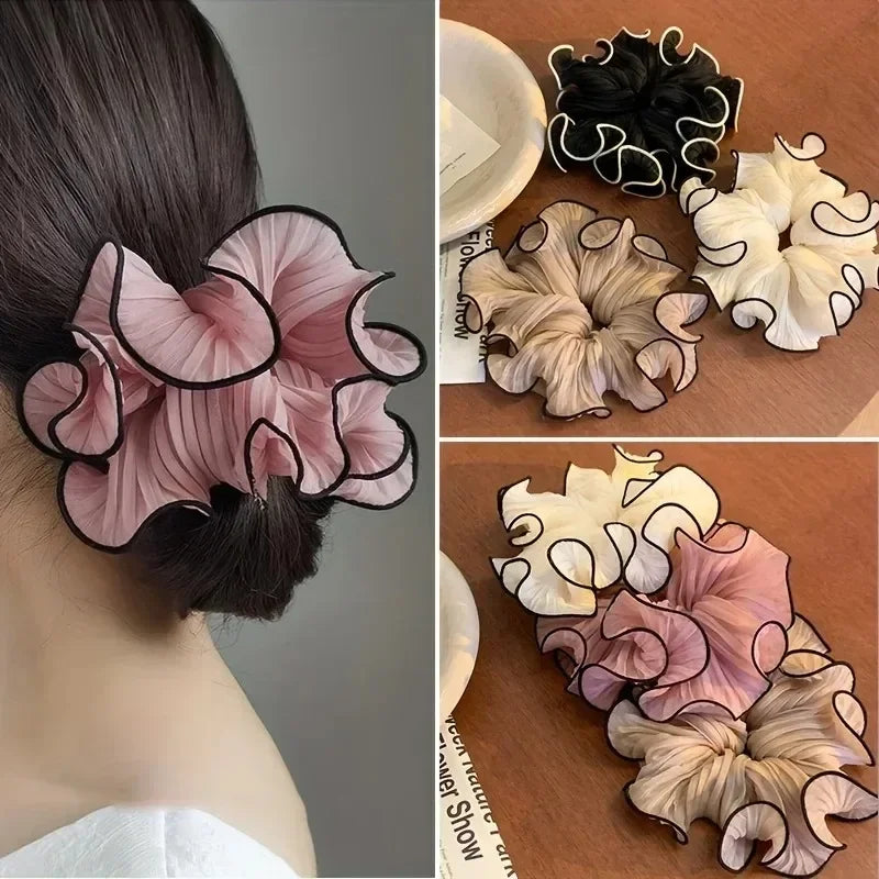 1/4Pcs New Korean Retro Folded Chiffon Oversize Scrunchies Women Sweet Temperament Fashion Exaggerated Hair Band Hair Accessorie Oasis Select