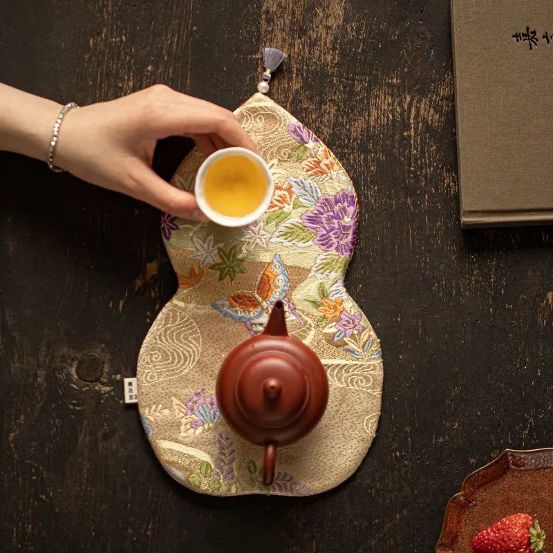 Double-sided Tea Mat Nishijin Weaving Gourd Chinese Zen Style Tea Tablecloth Heat Insulation Mat Teapot Holder Tablecloth Oasis Select