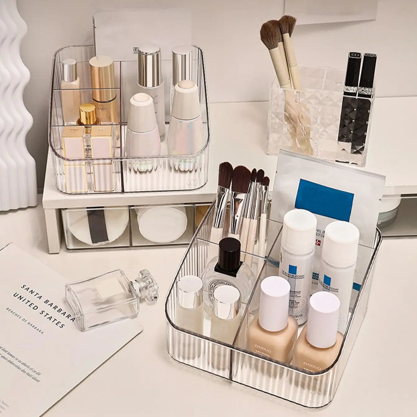 Desktop Five Grid Storage Box, Transparent Trapezoidal Acrylic Dressing Table, Household Lipstick And Cosmetics Sorting Box Oasis Select
