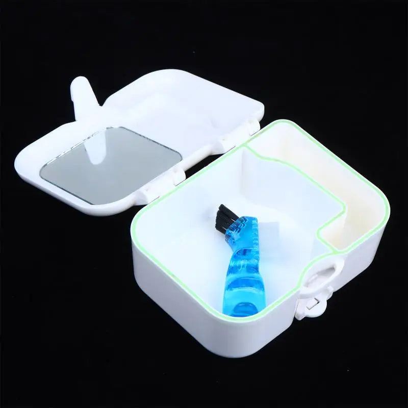 Portable Denture Case Kit with Mirror & Cleaning Brush