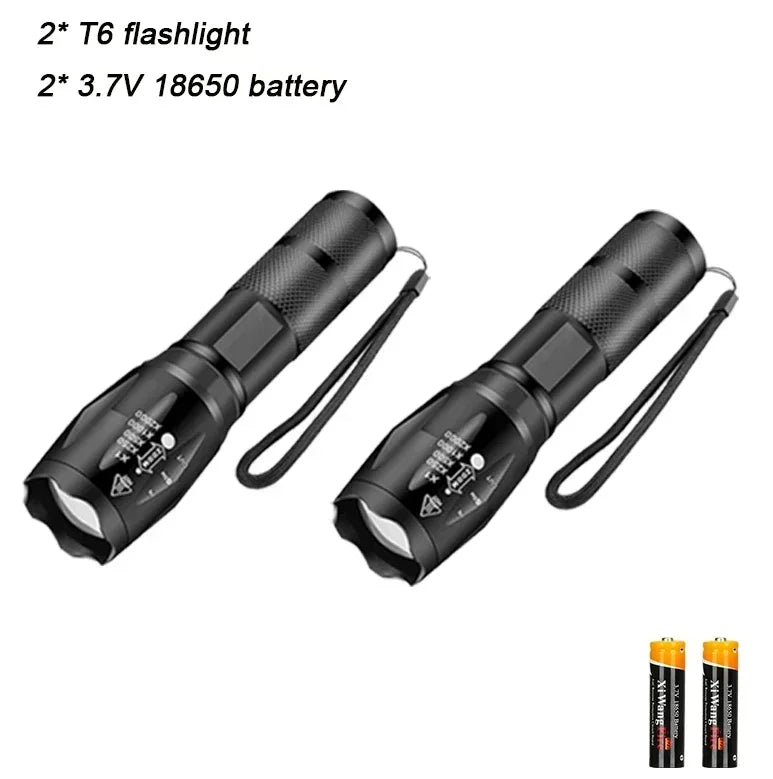 High Power T6 LED Flashlights Camping Torch 5 Light Modes Zoom Light Aluminum Alloys Waterproof Material External 18650 Battery Oasis Select 2pcs-18650 battery