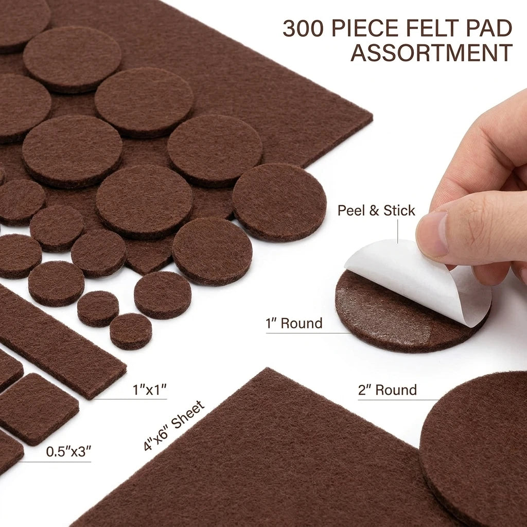 300PCS Value Pack Felt Chair Leg Pads Various Sizes Self Adhesive Furniture Protectors for Hardwood Floor Oasis Select