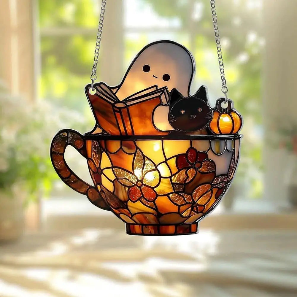 Halloween Ghost Reading Book Acrylic Suncatcher Window Hanging