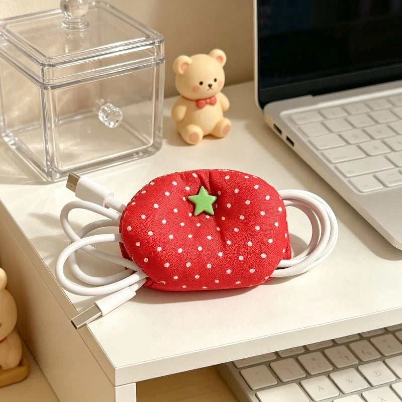 Harajuku Korean Earphone Decoration Accessories Handmade Fabric Cute Tomatoes Wave Dot Earphone Storage Bag Data Cable Organizer Oasis Select