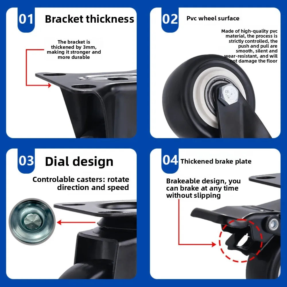 4pcs 1.5 Inches 2inch Heavy Duty 180kg Black Swivel Castor Wheels Trolley Furniture Caster Rubber Flat Brake Gold Drill Caster Oasis Select