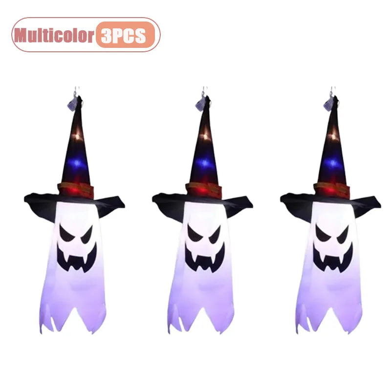 1-5PCS Halloween Wizard Hat Ghost Hanging Decoration Spooky Room Ambiance for Ghost Festival Party Scary Decor Flash Pendant Oasis Select Multicolor-3PCS Small