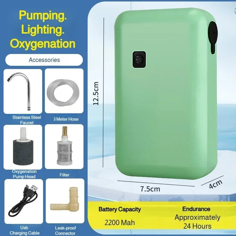 USB Rechargeable Intelligent Electric Oxygenator Portable Oxygen Pump Outdoor Fishing Water Sucker LED Lighting Fishing Gear Set Oasis Select green