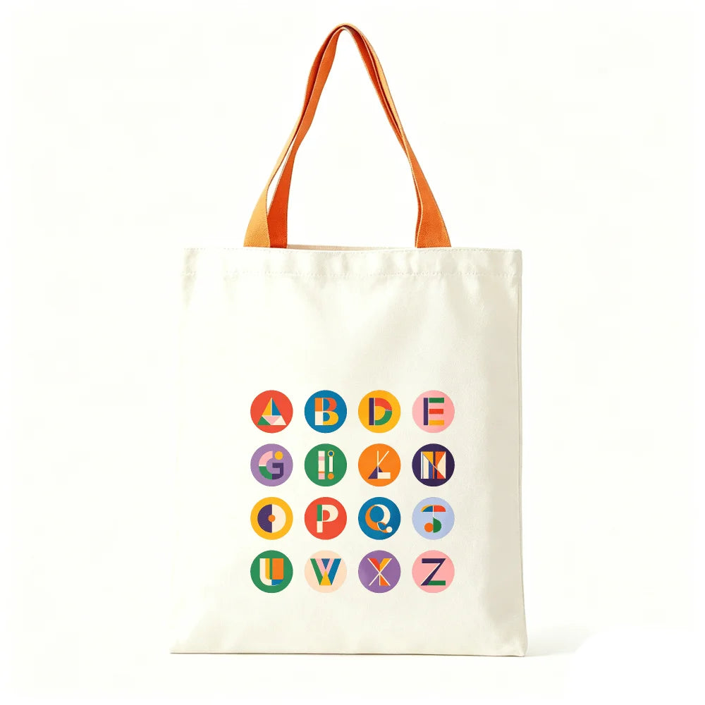 Vibrant Geometric Alphabet Canvas Tote Bag Large Cotton Shoulder Bag Student Travel Shopping Handbag Color Handle Oasis Select Orange