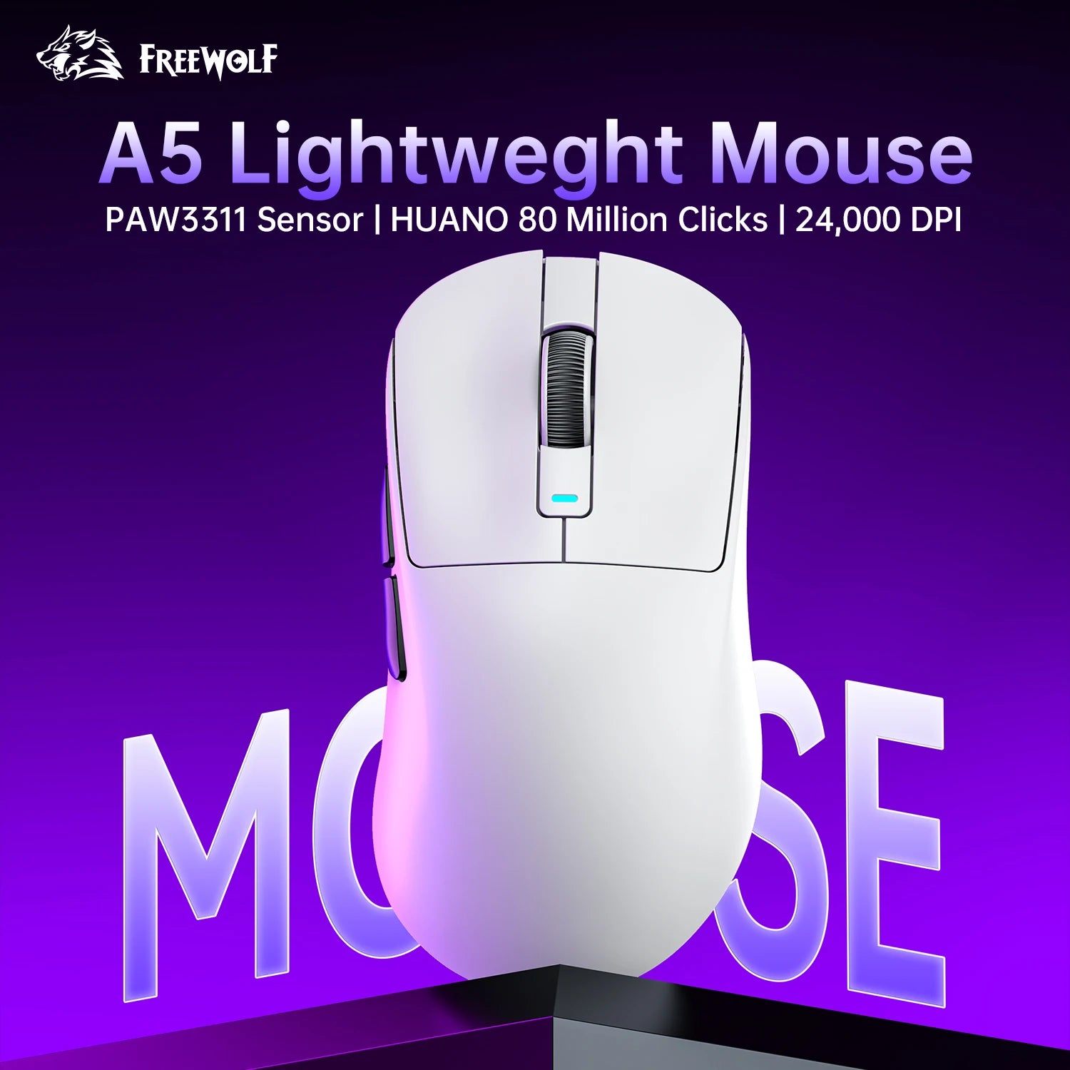 FREEWOLF A5 Wireless Gaming Mouse, Lightweight 59g, PAW3311 Sensor, 80M Huano Switches, Tri-Mode, 1000Hz, Ergonomic Right-Hand D Oasis Select