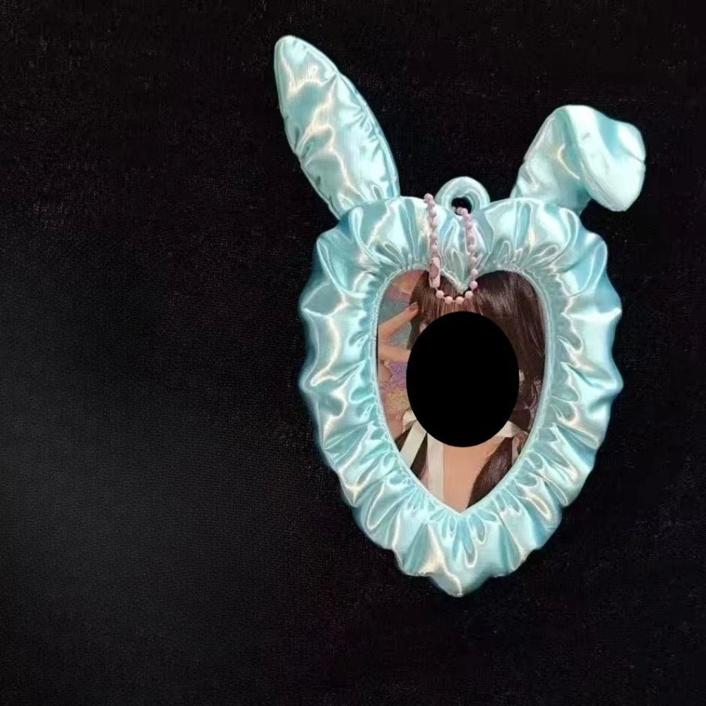 Cute Rabbit Ear Heart-shaped Photo Booth Silk Satin Idol Photo Frame PLA Material Style Card Holder Keychain Photo Display Frame Oasis Select SKY BLUE