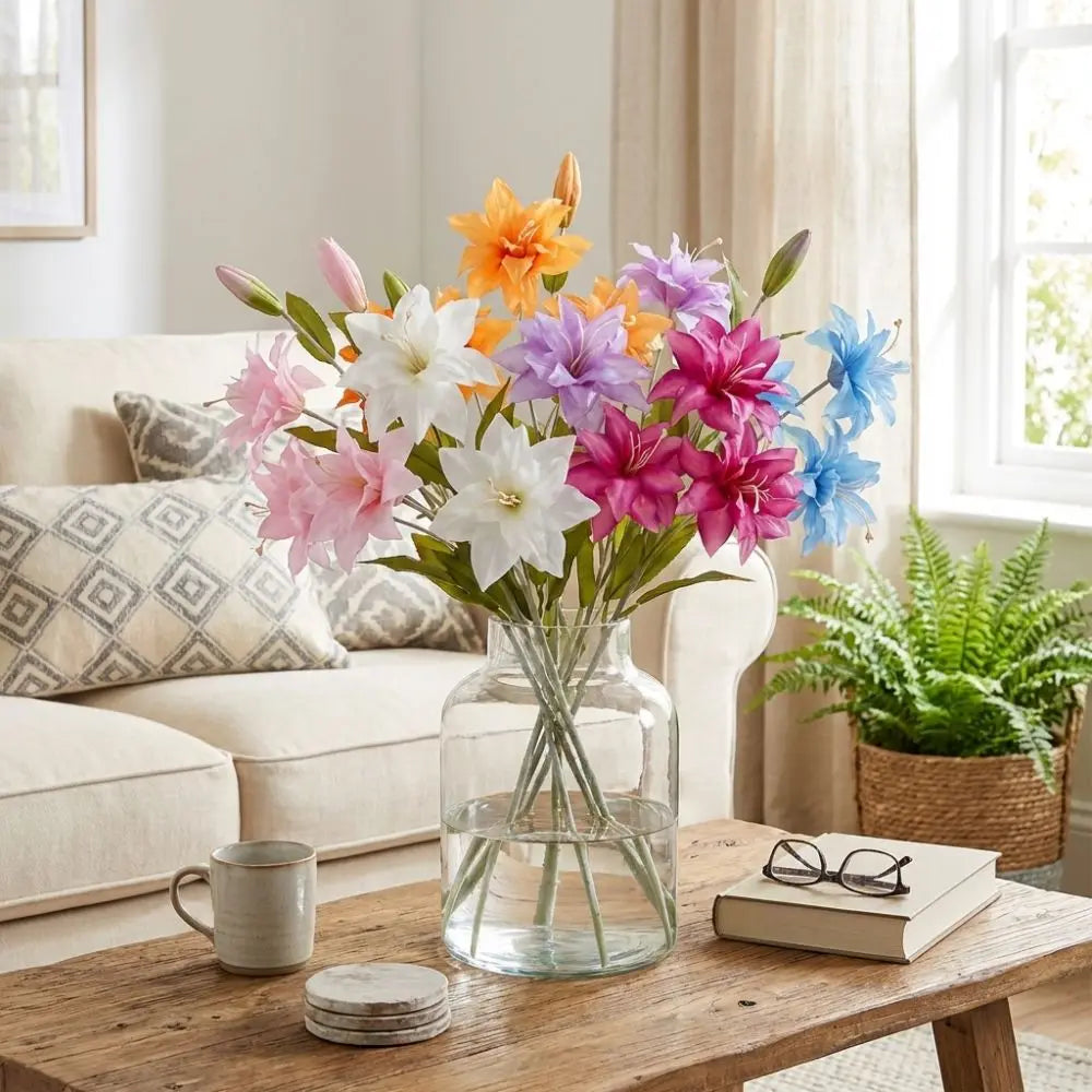 3-Head Artificial Lily Flower Branch | Realistic Silk Touch 65cm