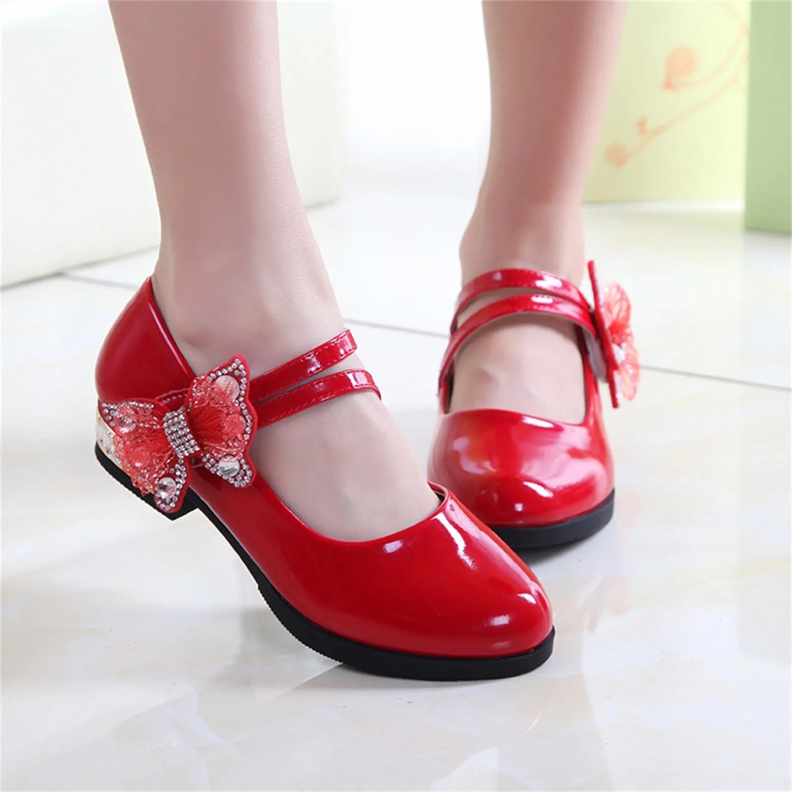 Girls Leather Shoes for Party Wedding Kids Performance Shoes with Butterfly-knot Fashion Children High Heels Rhinestone Shoes Oasis Select 30 Red