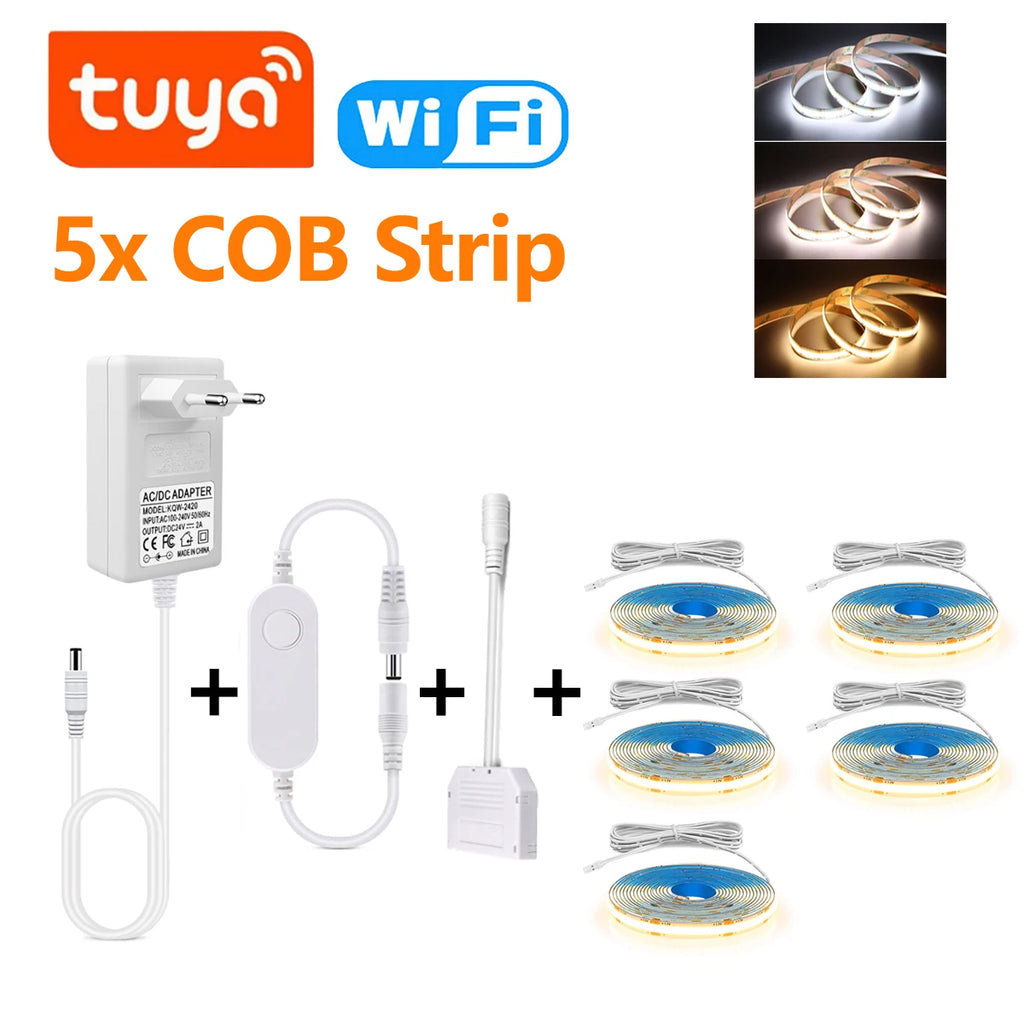 Tuya Dimmable DC12V COB LED Strip Light for Under Cabinet Kitchen Shelf Pantry Showcase Bedroom Closet WiFi Switch APP Control Oasis Select 5x LED Strip Warm White 2M 3.28FT