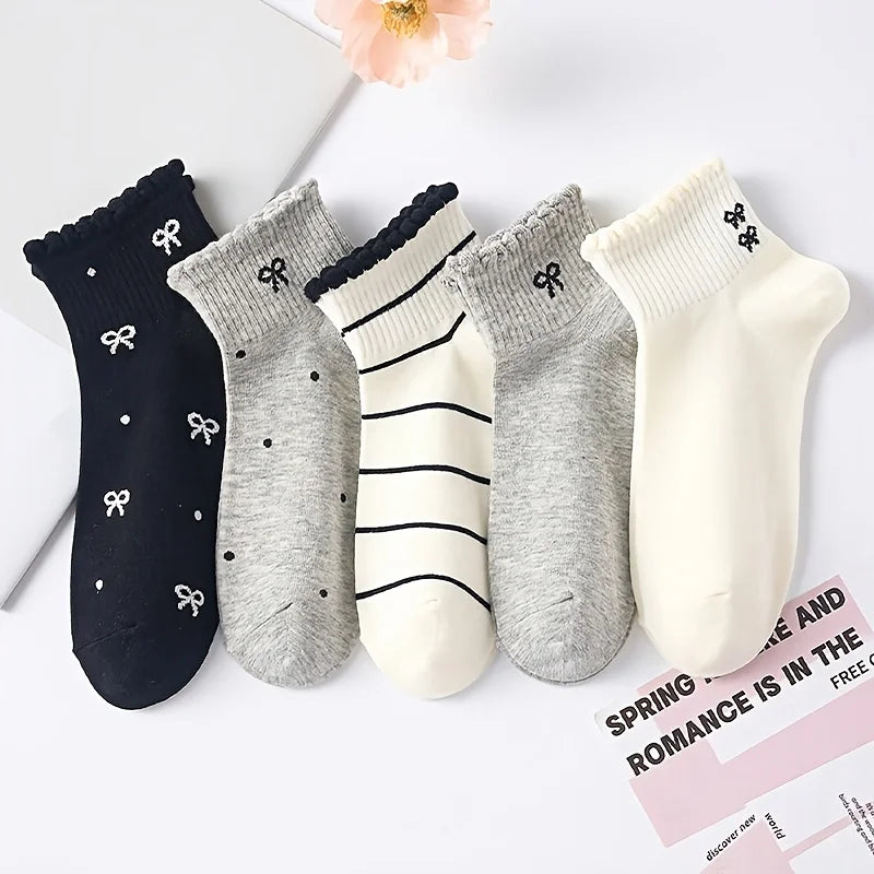 5 Pairs of Cute Breathable Striped Butterfly Bow Polka Dot Pattern Short Invisible Socks for Women, Suitable for Daily Wear Oasis Select