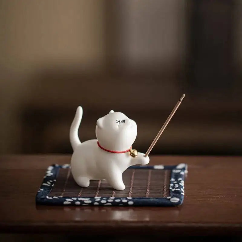 Ceramic Kitten Tea Pet Incense Holder Hand-Painted Zen Desk Decor Stick/Cone Incense Meditation Spiritual Aromatherapy Oasis Select