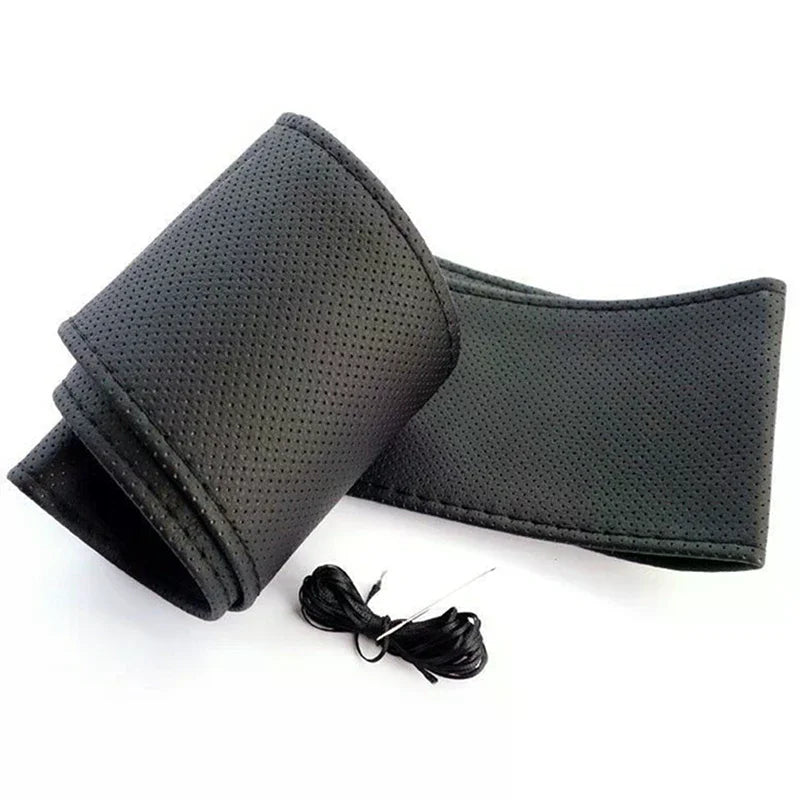 New Car Truck Leather Steering Wheel Cover With Needles and Thread Black DIY Oasis Select