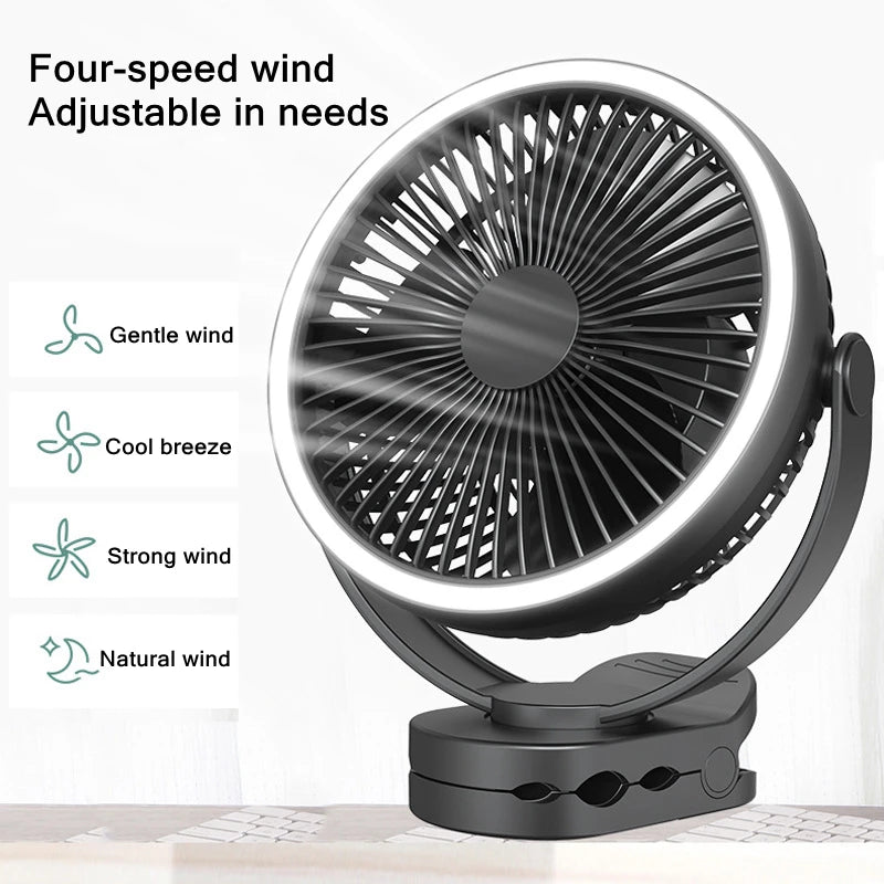 9000mAh Clip Fan with LED Lamp – Rechargeable Portable Fan