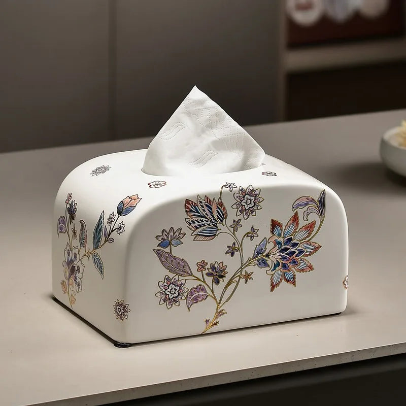 New Chinese Retro Ceramic Tissue Box Living Room Coffee Table Tea Room Storage Paper Drawer High-end Feeling Oasis Select