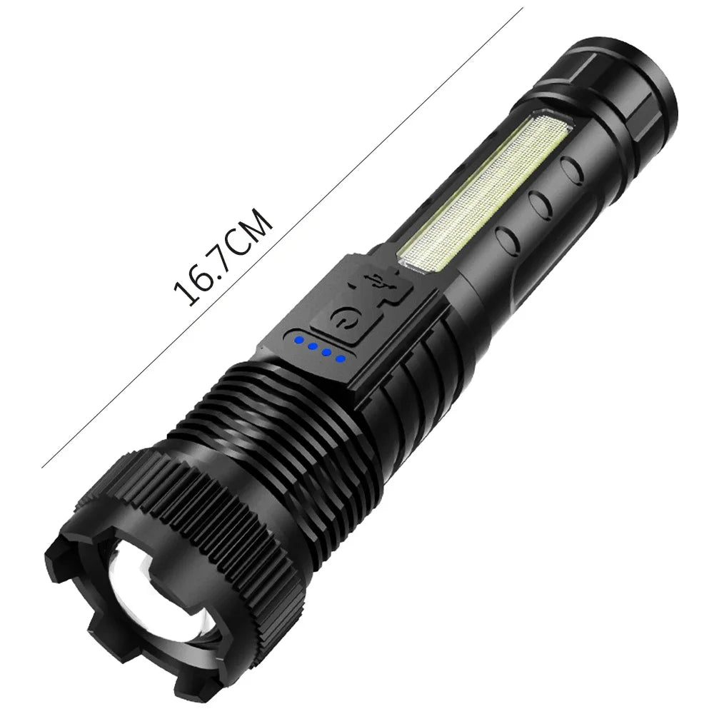 High Power Led Flashlight Portable USB Rechargeable Led Lamp with COB Side Light Pen Clip Zoom Torch Camping Emergency Lantern Oasis Select P50 New Built in Battery