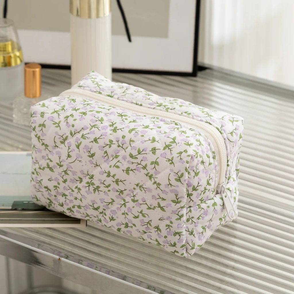 Floral Puffy Quilted Large Makeup Bag Travel Cosmetic Pouch Flower Printed Storage Organizer Makeup Accessory Oasis Select Lavender