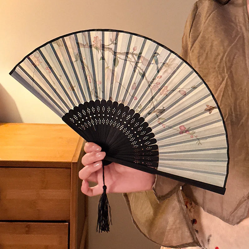 Summer Ancient Costume Portable New Chinese-style Cheongsam Dance Tassel Folding Bamboo Fan Student Ancient-style Folding Fan Oasis Select B