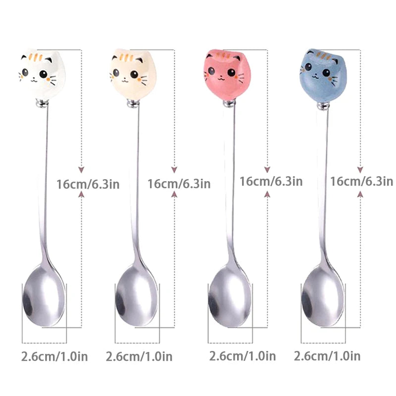 Stainless Steel Coffee Dessert Spoons with Long Cat Handle Cartoon Ice Cream Stirring Spoon Ceramic Kitchen Flatware Oasis Select