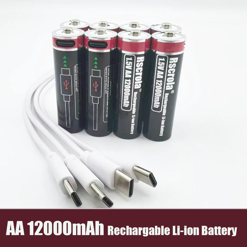1.5V AA Lithium Battery Rechargeable 12000mAh USB-C Fast Charging, Constant Voltage for Smart Lock, Game Controller, Keyboard Oasis Select