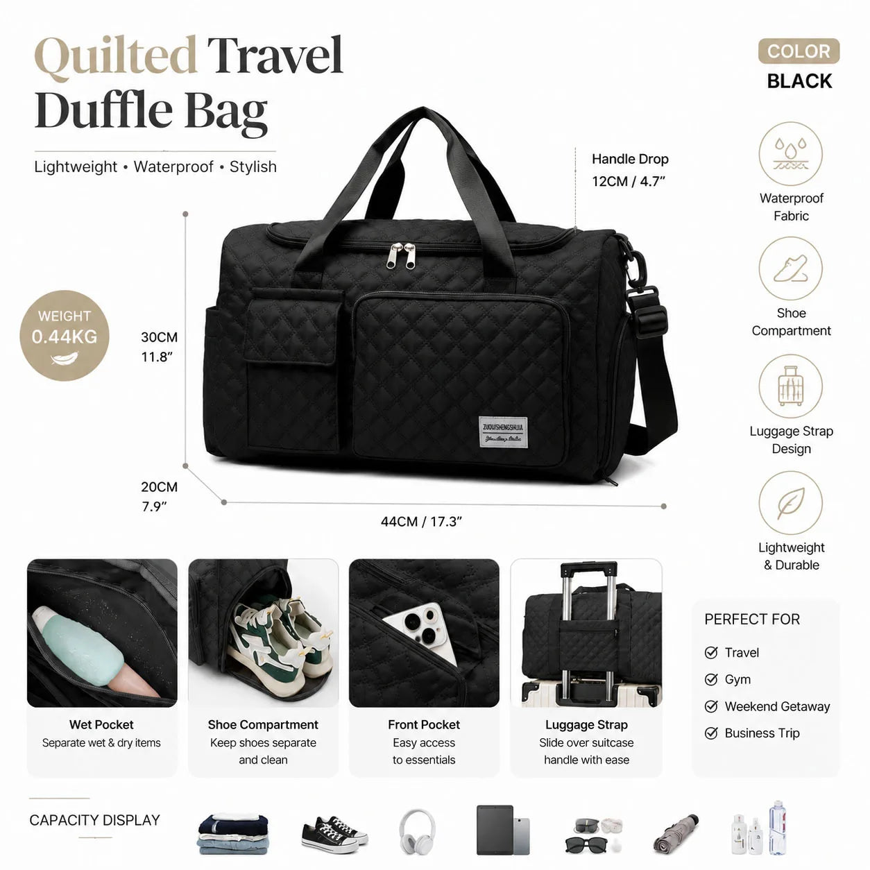 A spacious outdoor luggage bag with separate compartments for dry and wet items and dual-sided dividers Oasis Select black