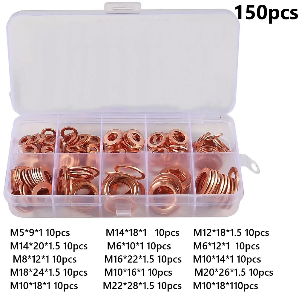 50/100/280/200/150Pcs Washer Copper Sealing Solid Gasket O Ring Copper Gaskets Flat Ring Seal Assortment Kit Hydraulic Accessory Oasis Select 150pcs