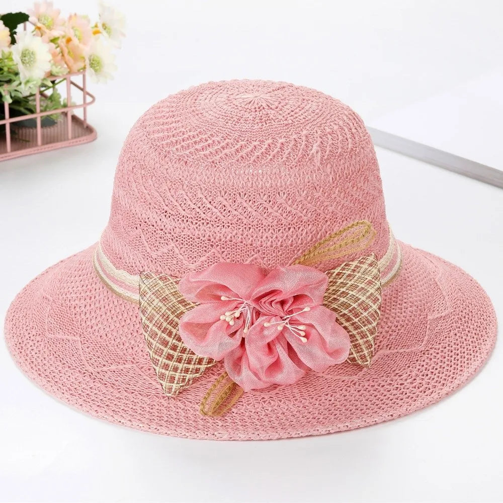 Women Fashion Wide Brim Straw Hat Bow Flowers Sun Protection Sun Hat Leisure Foldable Sunscreen Beach Hat Women Oasis Select Light Purple