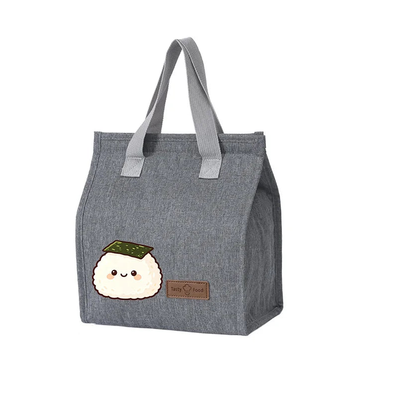 Kawaii Onigiri Print Insulated Lunch Bag Waterproof Oxford Thermal Cooler Tote Bag for School Work Camping Oasis Select Gray