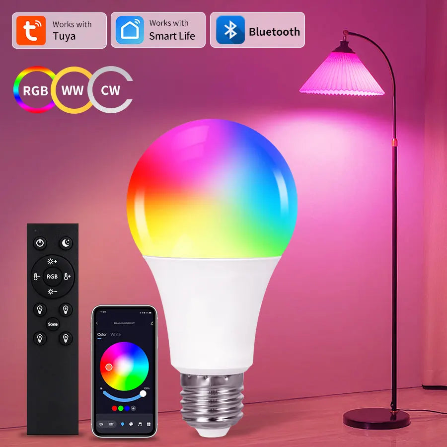 Tuya Smart LED Light Bulb E27 9W 220V Bluetooth RF Remote Group Control Smart Life RGB Spotlight For Bar Bedroom Decor Lighting Oasis Select