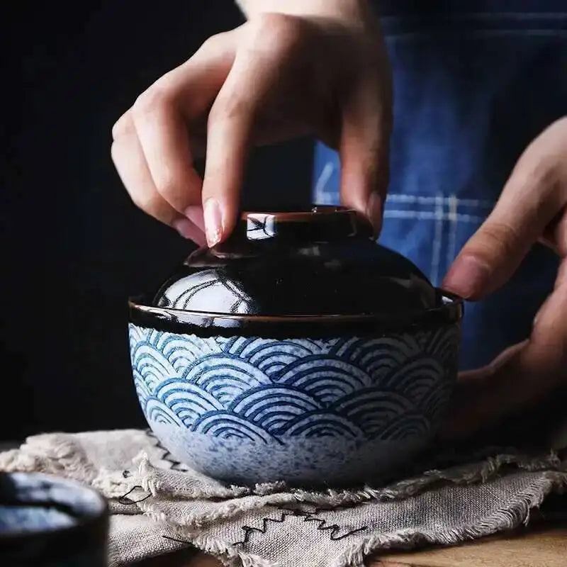 Japanese Tableware Stew Bowl Ceramic Bowl With Lid Dessert Steamed Egg Bowl Soup Bowl Dessert Underglaze Color Ramen Bowl Oasis Select