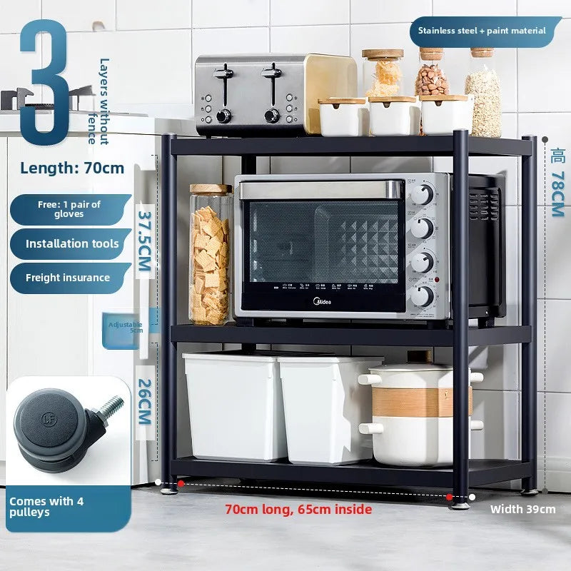 Multi-functional Kitchen storage rack Floor-to-ceiling multi-layer storage rack Stainless steel microwave oven rack Pot rack Oasis Select Black-3-70