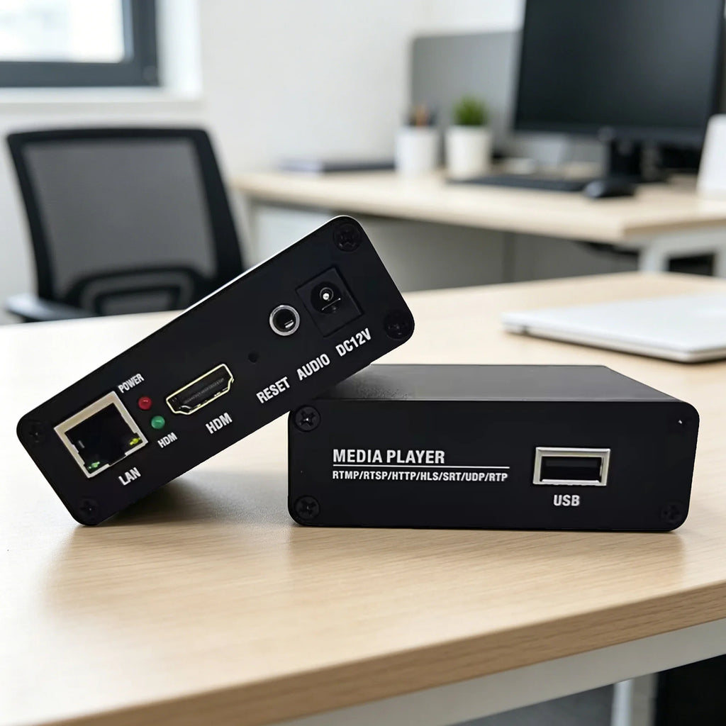 The XP10 USB player can play MP4 files stored on a USB drive and supports RTMP, RTSP, HTTP TS, HTTP FLV, HLS, SRT, UDP, and more Oasis Select