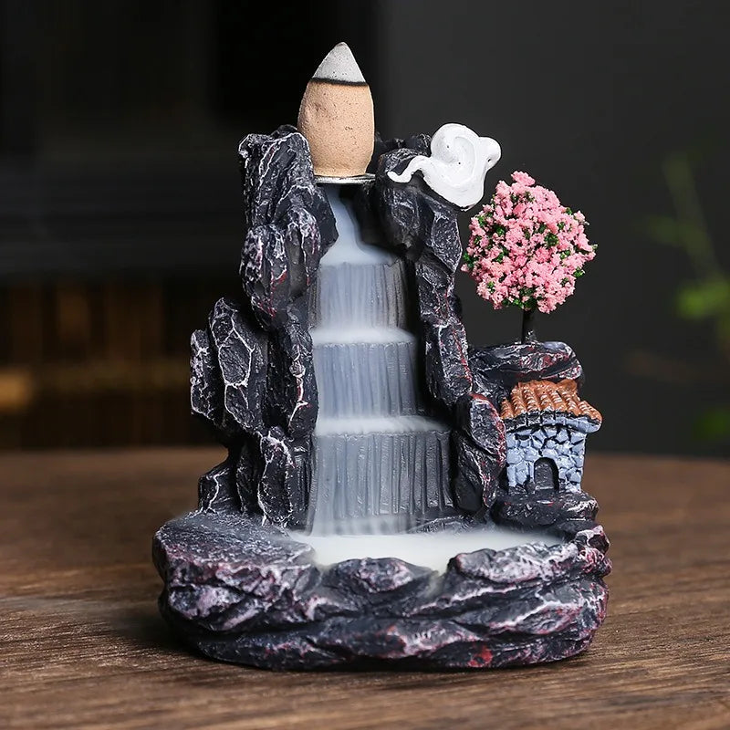 Mountain River Backflow Incense Burner Waterfall Incense Holder with Bridge & Pagoda Decor for Yoga Studio Home Aromatherapy Oasis Select