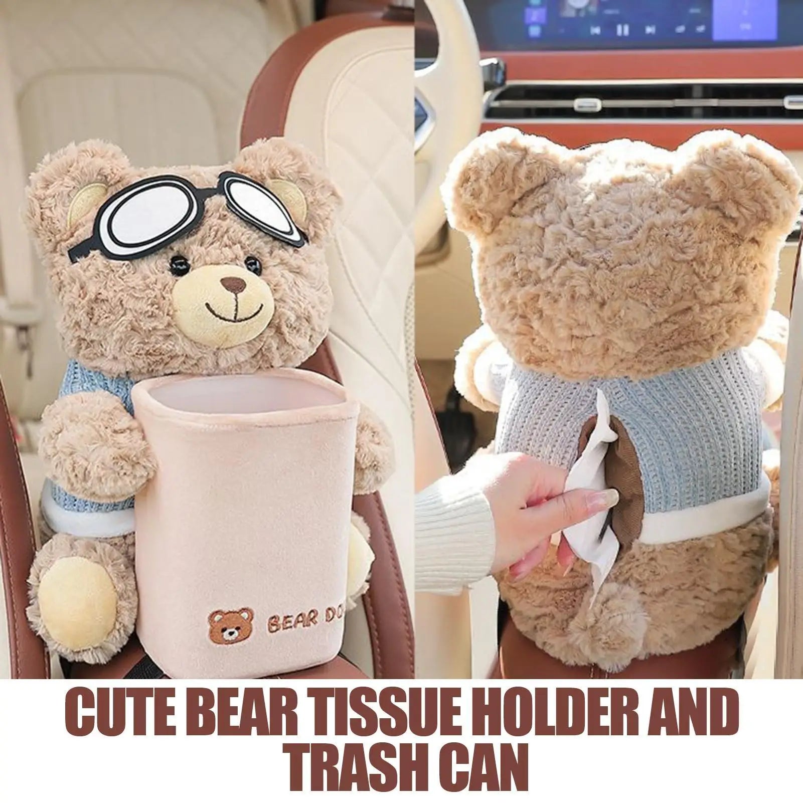 2-in-1 Car Tissue Box Vehicle Armrest trash Can Leakproof Plush Bear Tissue Holder And Trash Can car Storage car Interior Oasis Select