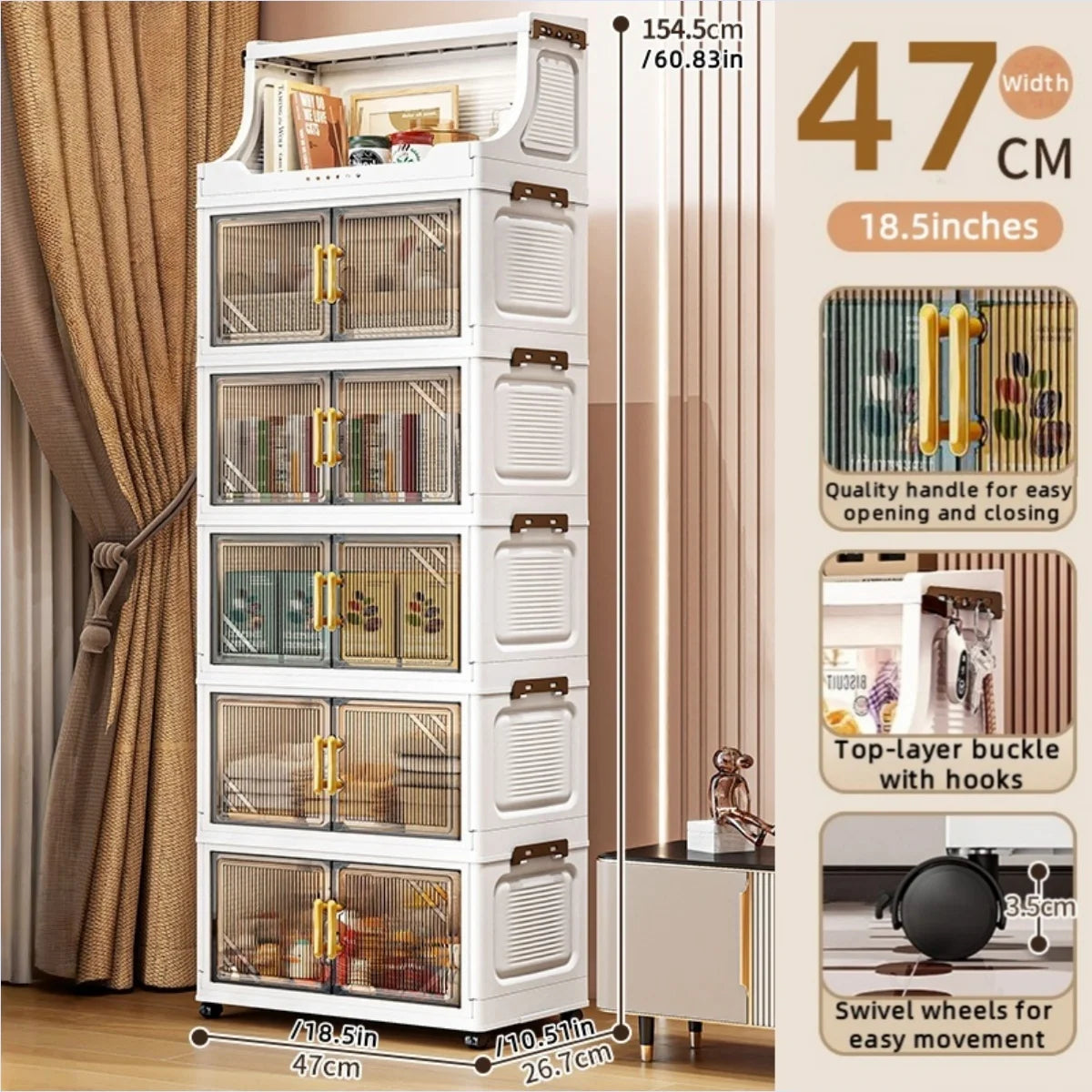 Large Foldable Flip-Top Transparent Storage Cabinet with Wheels - Space-Saving Mobile Organizer for Kitchen Bedroom Living Room Oasis Select 6 Tiers Clear Gray