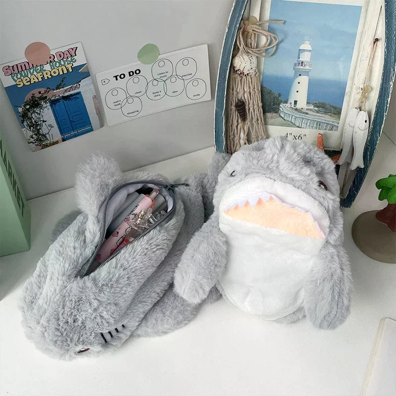 Cute Plush Ocean Shark Pencil Case Cosmetic Bag Portable Large Capacity Pen Pouch Stationery Storage Box School Office Supplies Oasis Select