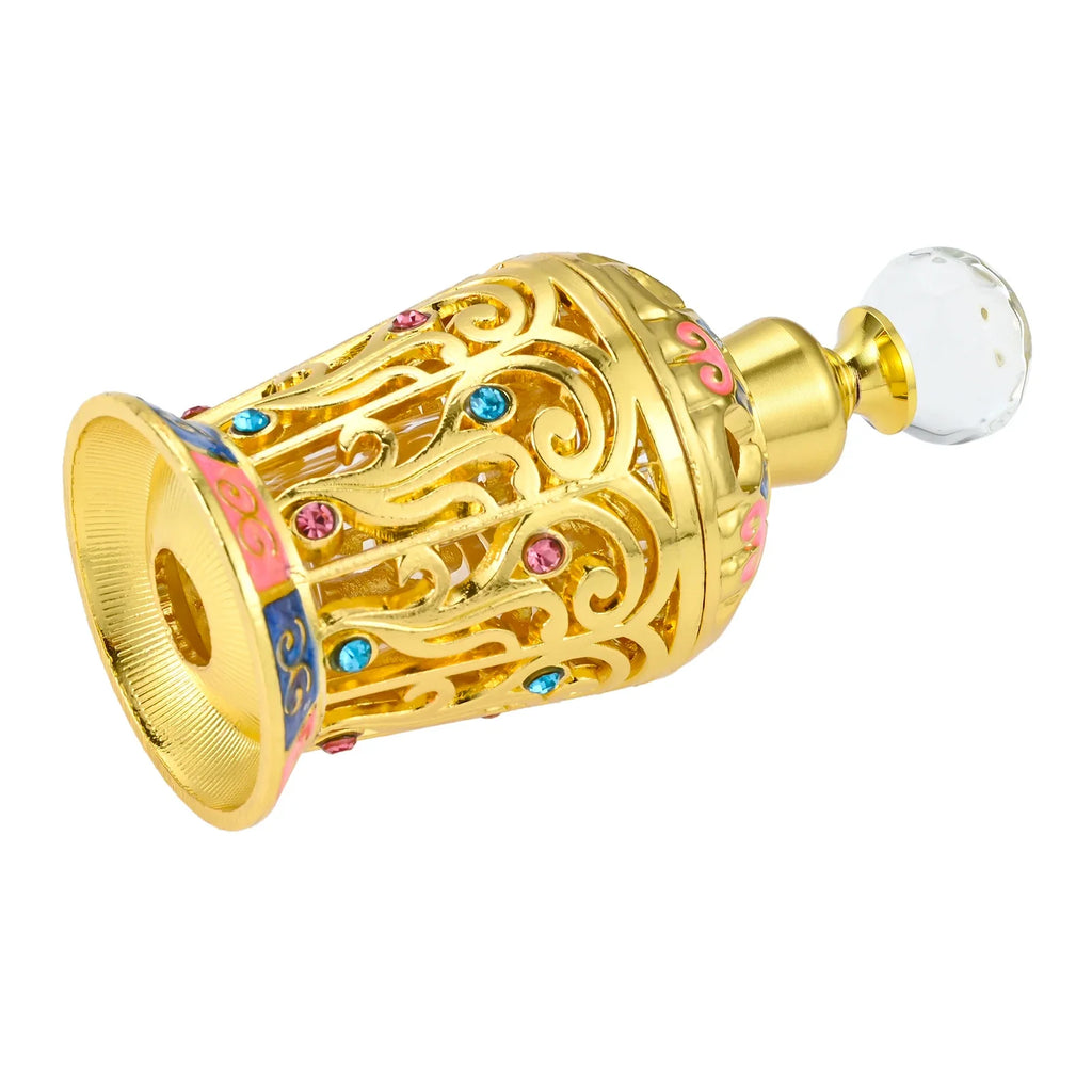 12ml Empty Perfume Bottle Golden Hollow Enamel Flower Glass & Metal & Crystal Decor SPA Refilling Lotion Essential Oil 93mm/3.7" Oasis Select