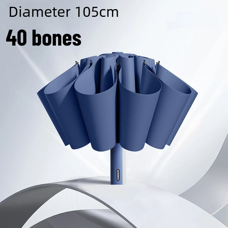 Fully Automatic Business Reverse Umbrella - Reinforced Thickened Unisex Windproof All-Weather Student-Specific Oasis Select 40 bone blue Aluminum 24K