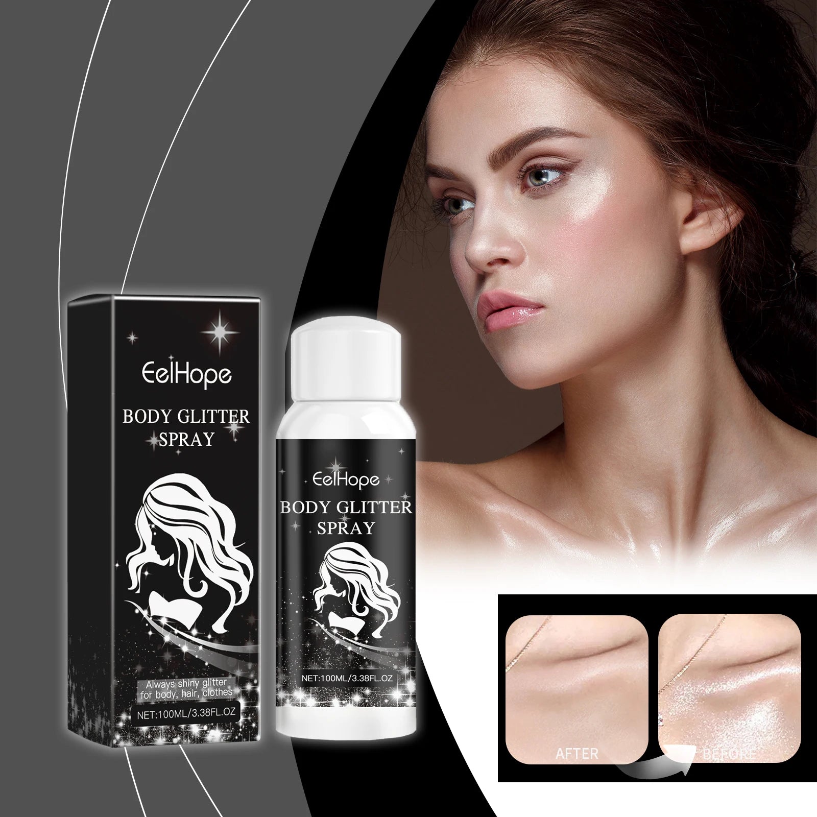 Eelhope Body & Face Glitter Spray – Shimmer Highlighter 100ml Body Glitter Spray Oasis Select
