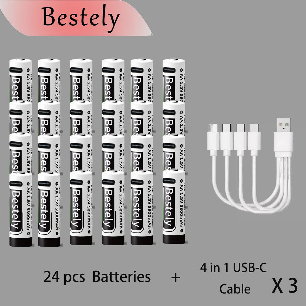 Bestely USB 1.5V AA 5800mAh Lithium ion Rechargeable Battery, AA Fast Charging Li-ion Akku , 2000 Cycle with USB- C Port Cables Oasis Select 24 pcs batteries