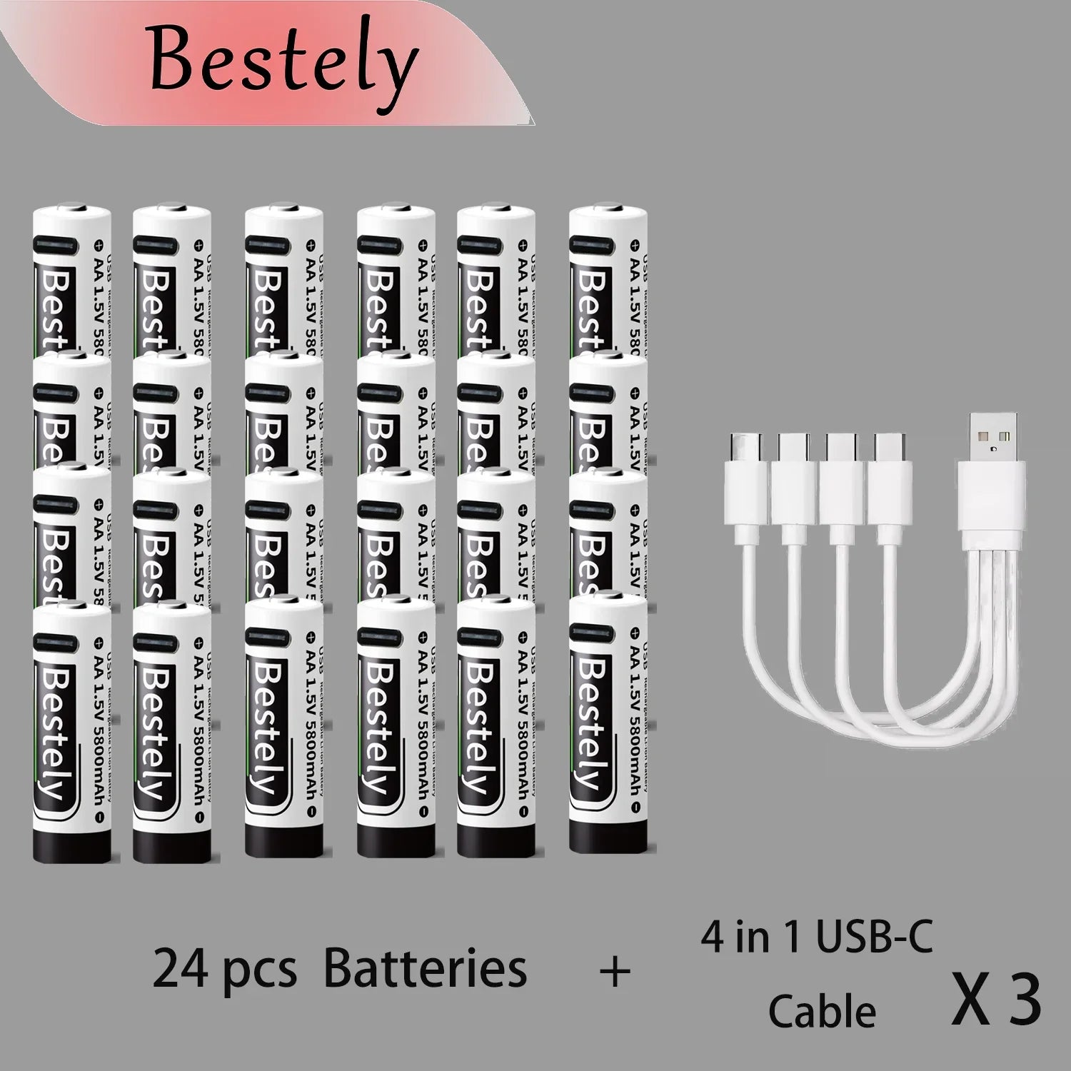 Bestely USB 1.5V AA 5800mAh Lithium ion Rechargeable Battery, AA Fast Charging Li-ion Akku , 2000 Cycle with USB- C Port Cables Oasis Select 24 pcs batteries