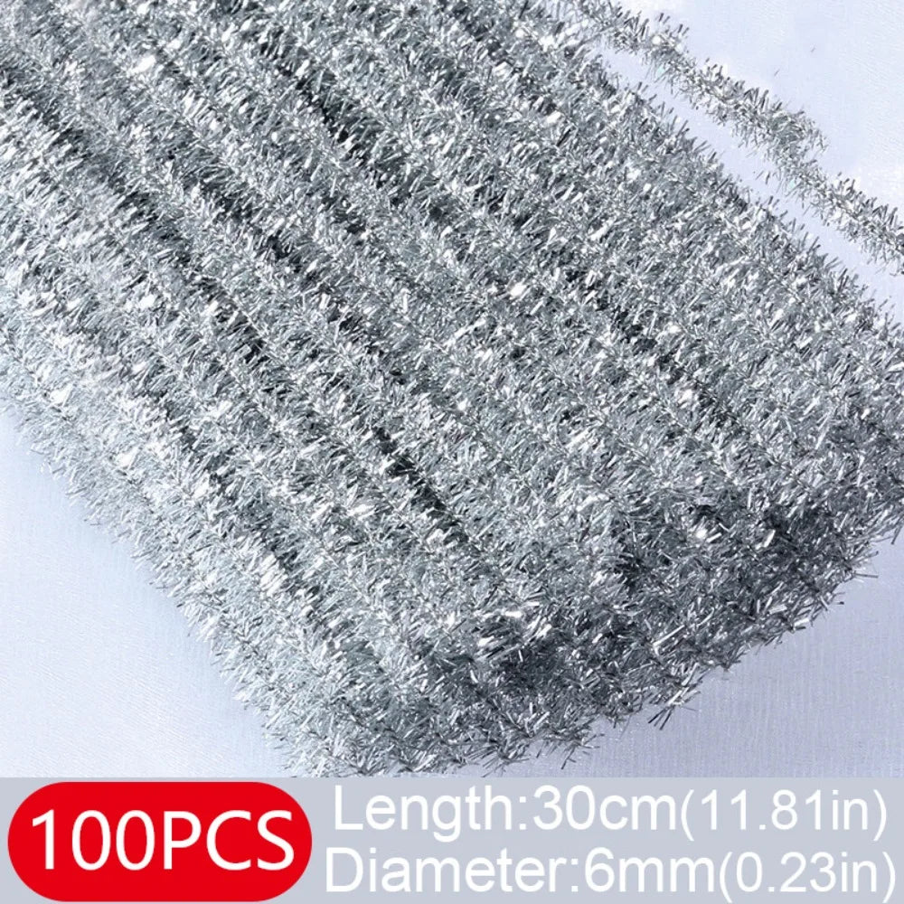 100pcs New 30cm Glitter Chenille Stems Wool Top Christmas DIY Craft Supplies Torsion Bar Tinsel Stems Oasis Select Silver